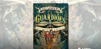 Capa do livro. Ilustração de dois jovens descendo uma escada, dentro de um ambiente fechado e apertado com prateleiras lotadas de caixas atras e dos lados. Os jovens também estão cercados por gaiolas de diferentes formatos e tamanhos. No todo o nome do autor, e no centro em letras grandes, o texto "Os Guardiões", logo abaixo um gigantesco ornamento em forma de libélula, e abaixo uma faixa com o texto: "A Caixa Mágica e a Libélula"