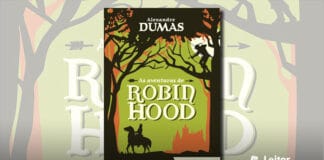 Capa do livro. Ilustração com um fundo verde, uma silhueta de um castelo bem ao fundo, em primeiro plano silhueta que contorna a capa, mostrando duas arvores, uma de cada lado, Robin Hood nos galhos de um árvore, apontando uma flecha para um cavaleiro no chão.