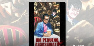 Capa da HQ. Ilustração com um homem de azul sentado segurando um copo com bebida sobre uma mesa. No fundo, várias pessoas interagindo entre si, todas em cor marrom, apenas um jovem, no fundo, está em cores e olhando para frente com um sorriso sinistro. Em primeiro plano o titulo da obra em vermlho com respingos de sangue.