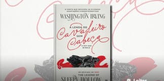 Capa do livro. Um fundo branco, no centro, a ilustração preto-e-branca do cavaleiro sem cabeça com um fundo vermelho. Acima, o titulo mesclando letras de forma pretas com letras cursivas vermelhas.