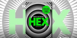 Capa do livro. O fundo é preto composto por triangulos finos e brancos alinhados para formar diversos circulos um dentro do outro. No centro o título Hex em verde, e logo acima, e mbranco o nome do autor "Thomas Olde Heuvelt"