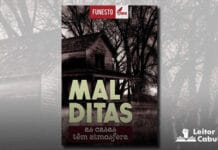 Capa do livro. Com aspecto sombrio e desgastado, parte de uma casa vista de fora, ao lado de algumas arvores com poucas folhas. Em primeiro plano, o titulo "Malditas" e o subtitulo "as casas têm atmosfera"