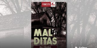 Capa do livro. Com aspecto sombrio e desgastado, parte de uma casa vista de fora, ao lado de algumas arvores com poucas folhas. Em primeiro plano, o titulo "Malditas" e o subtitulo "as casas têm atmosfera"