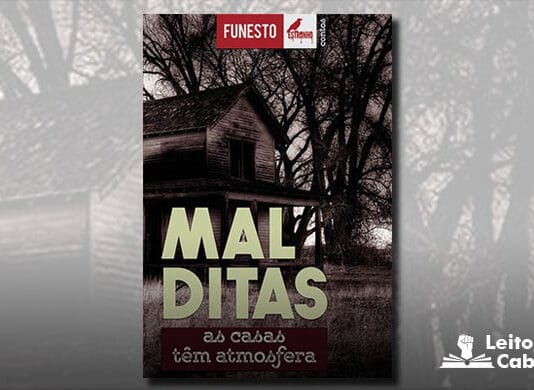 Capa do livro. Com aspecto sombrio e desgastado, parte de uma casa vista de fora, ao lado de algumas arvores com poucas folhas. Em primeiro plano, o titulo "Malditas" e o subtitulo "as casas têm atmosfera"