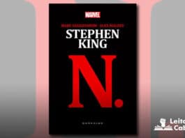 Capa da HQ. Fundo preto, em primeiro plano, no topo o logo da editora Marvel, abaixo os nomes, em vermelho "Marc Guggeheim" e "Alex Maleev". Em letras maiores e brancas o nome "Stephen King". No centro, ocupando boa parte da capa, em vermelho, escrito "N."