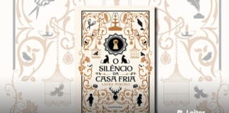 Capa do livro, um fundo de cor creme, ilustração com alguns ornamentos por toda a capa na cor marrom, silhuetas de objetos variados como pena, gaiolas, passaros, gatos, flores, pessoas na cores preta e marrons. No centro um buraco de fechadura mostrando um olho, logo abaixo a silhueta preta de dois gatos, e o titulo do livro e noma da autora.