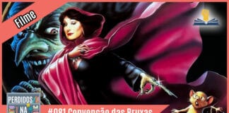 Vitrine do podcast montada com capa do filme onde tem a Grã Bruxa ao fundo, à sua frente ela em forma humana apontando um dedo de metal para um ratinho assustado que fica à sua direita. À esquerda tem uma faixa rosa onde está escrito "filme". No inferior tem a logo do podcast, que é a ilustração de uma estante com livros e outros objetos, onde lê-se “Perdidos na Estante". Ao lado, em uma faixa rosa na qual está escrito "#081 - Convenção das Bruxas" e ao seu lado direito, em cima, está o selo do Leitor Cabuloso.