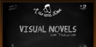 Vitrine do programa Mais Uma Dose. A imagem é um quadro negro com o título escrito em giz centralizado, “Visual Novels com Thiago Lee“. Acima lê-se o título do programa junto a um desenho de uma caneca de chopp, ao lado a inscrição “Samuel é nosso rei” junto a um desenho de uma coroa, do outro lado o número 12 indicando a numeração do episódio. Abaixo as logos do Leitor Cabuloso e do Boteco dos Versados.
