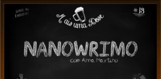 Vitrine do programa Mais Uma Dose. A imagem é um quadro negro com o título escrito em giz centralizado, “Nanowrimo com Anna Martino“. Acima lê-se o título do programa junto a um desenho de uma caneca de chopp, ao lado a inscrição “Samuel é nosso rei” junto a um desenho de uma coroa, do outro lado o número 13 indicando a numeração do episódio. Abaixo as logos do Leitor Cabuloso e do Boteco dos Versados.