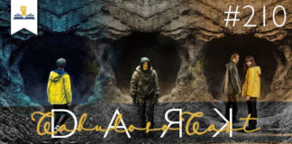 Vitrine do episódio do cabulosocast 210. Ao fundo, montagem com três imagens mostrando a entrada de uma gruta, cada entrada com um ou dois personagens próximos à ela. Em primeiro plano, no topo à esquerda o logo do Leitor Cabuloso. e no centro o títlo "Dark" sobreposto de "Cabuloso Cast" em amarelo e letra cursiva.