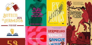 Vitrine do episódio do podcast Boteco dos Versados. Na esquerda tem uma coluna vertical, com a logo do podcast no topo, a logo do Leitor Cabuloso no meio e o numeral 53 na base, indicando a numeração do podcast