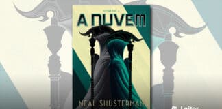 Capa do livro. Ilustração com um fundo amarelo e verde. Em primeiro plano, duas figuras de ceifador, com mantos e foice, um de costas para o outro, o da esquerda um pouco mais alto e de cor cinza. O da direita, de cor verde. No topo o título "A Nuvem".