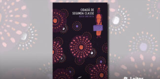 Capa do livro. Fundo roxo escuro, com formas circulares estéticamente semelhante a flores espalhadas pela capa toda em tons roxo, laranja e azuis. No canto superior direito, o título e o nome da autora. Ao lado uma silhueta de uma mulher negra com vestido laranja segurando uma mala.
