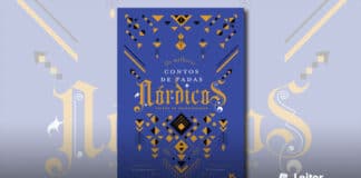 Capa do livro. Um fundo azul, com algumas formas geométricas douradas e pretas ao redor da capa. No centro o título em branco e dourado, com a palavra Nórdico em destaque, dourada e com fonte estilizada.