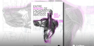 Capa do livro. Fundo branco com uma imagem anatomica muscular de um ser humano de costas, em preto e branco. A lateral das costas formam a cara de um cachorro de perfil, e a parte baixa forma a face de um porco. No canto superior direito o título do livro