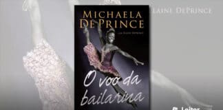 Capa do livro. Um fundo escuro com uma luz cortando em diagonal. A imagem da bailarina protagonista Michaela, com vestido em tons roxos, saltando com as pernas esticadas. No topo o nome da autora, e em primeiro plano o título "O voo da bailarina"