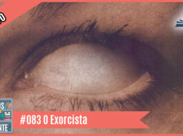 Vitrine do podcast montada com recorte de capa do livro onde tem um olho sem íris, todo branco. À esquerda tem uma faixa rosa onde está escrito "livro". No inferior tem a logo do podcast, que é a ilustração de uma estante com livros e outros objetos, onde lê-se “Perdidos na Estante". Ao lado, em uma faixa rosa na qual está escrito "#083 - O Exorcista" e ao seu lado direito, em cima, está o selo do Leitor Cabuloso.