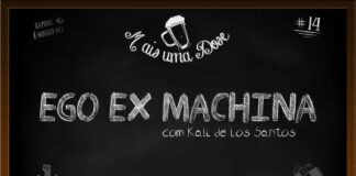 Vitrine do programa Mais Uma Dose. A imagem é um quadro negro com o título escrito em giz centralizado, “Ego Ex Machina com Kali de los Santos“. Acima lê-se o título do programa junto a um desenho de uma caneca de chopp, ao lado a inscrição “Samuel é nosso rei” junto a um desenho de uma coroa, do outro lado o número 14 indicando a numeração do episódio. Abaixo as logos do Leitor Cabuloso e do Boteco dos Versados.