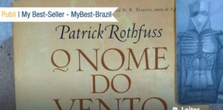 Imagem da capa do livro O Nome do Vento, de Patrick Rothfuss. No canto da capa, tem um marcador de página com a imagem de um cavaleiro medieval.
