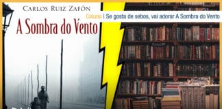 Montagem com a capa dos livro "A Sombra do Vento" à esquerda, que mostra um homem e uma crança caminhando em uma rua enevoada. E uma imagem com vários livros em uma mesa e estantes, à direita. No centro um raio amarelo dividindo a vitrine. Quase no topo à direita, uma faixa branca com o texto: Coluna - Se gosta de sebos, vai adorar A Sombra do Vento. Na base o logo do Leitor Cabuloso, e uma borda amarela em volta da vitrine