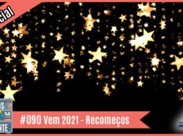 Vitrine do podcast montada com imagem de fundo preto com estrelas douradas penduradas. À esquerda tem uma faixa rosa onde está escrito "especial". No inferior tem a logo do podcast, que é a ilustração de uma estante com livros e outros objetos, onde lê-se “Perdidos na Estante". Ao lado, em uma faixa rosa na qual está escrito "#090 - Vem 2021 - Recomeços". Em cima, ao lado direito está o selo do Leitor Cabuloso formado por um livro aberto na cor azul onde de dentro sai um punho erguido na cor amarela.