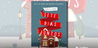 Capa do livro. Ilustração com aspecto natalino, uma casa pequena no centro, um céu com neve, o chão e o telhado da casa também estão cobertos de neve. Uma faixa vermelha em espiral desce até a ilustração da casa, com o titulo do livro na faixa. No top o texto: Não existem segredos para uma família em quarentena. E logo abaixo o nome da autora