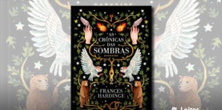 Capa do livro. Funco preto, diversas ilustrações compõem a capa de forma simétrica. No topo, duas mãos segurando uma pena. Dois meteoros com fogo. Duas corujas brancas no centro do livro, e na base dois ursos. No centro e nos cantos diversos galhos com folhas ornamentam a capa junto algumas estrelas.