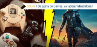 Montagem com foto de vários controles de video-games variados, à esquerda. E uma imagem do Mandaloriando caminhando, à direita. No centro um raio amarelo dividindo a vitrine. Quase no topo à direita, uma faixa branca com o texto: Coluna - Se gosta de Games, vai adorar Mandalorian. Na base o logo do Leitor Cabuloso.
