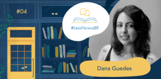 Imagem de fundo contendo uma ilustração da fachada da azul Livraria LeiaNovosBr. A fachada é composta por uma porta amarela com uma vidraça onde dois olhos de uma criatura mágica que está espiando, ao lado da vitrine da livraria que mostra vários livros coloridos desorganizados, também com alguns olhos claros espiando entre eles. No canto superior esquerdo há a numeração do episódio #04, no centro da imagem há a logo do podcast em um fundo branco. A logo é formado pelo texto #LeiaNovosBr em azul, abaixo de ícones que simbolizam um livro azul com páginas amarelas aberto, de onde saem dois balões de fala amarelos. Ao lado da logo, no canto esquerdo há a imagem da autora entrevistada, Dana Guedes, em preto e branco, seguido do seu nome exposto. No canto inferior direito está a logo branca do site Leitor Cabuloso, composta pelo pela imagem de um punho erguido saindo de um livro aberto, seguido do nome Leito Cabuloso.