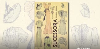 Capa do livro. Um fundo de cor bege, em primeiro plano alguns vestidos de época antiga em vários pontos da capa, mostrando os sapados, chápeus, luvas, etc. No centro, na vertical, o titulo do livro, e o nome da autora.