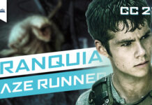 Vitrine do episódio, em primeiro plano, à direita, imagem de rosto de um dos protagonista da adaptação. No topo à direita está escrito "CC 213", à esquerda o logo do Leitor Cabuloso. No centro e à esquerda o texto em fundo azul e branco: "Franquia Maze Runner". Um fundo desfocado.