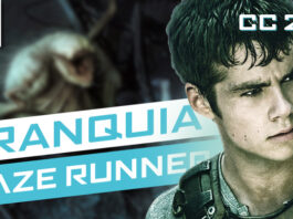 Vitrine do episódio, em primeiro plano, à direita, imagem de rosto de um dos protagonista da adaptação. No topo à direita está escrito "CC 213", à esquerda o logo do Leitor Cabuloso. No centro e à esquerda o texto em fundo azul e branco: "Franquia Maze Runner". Um fundo desfocado.