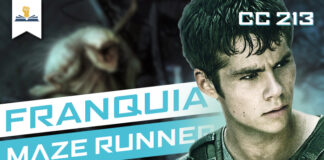 Vitrine do episódio, em primeiro plano, à direita, imagem de rosto de um dos protagonista da adaptação. No topo à direita está escrito "CC 213", à esquerda o logo do Leitor Cabuloso. No centro e à esquerda o texto em fundo azul e branco: "Franquia Maze Runner". Um fundo desfocado.
