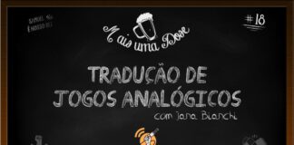 Vitrine do programa Mais Uma Dose. A imagem é um quadro negro com o título escrito em giz centralizado, “Tradução de jogos analógicos com Jana Bianchi“. Acima lê-se o título do programa junto a um desenho de uma caneca de chopp, ao lado a inscrição “Samuel é nosso rei” junto a um desenho de uma coroa, do outro lado o número 18 indicando a numeração do episódio. Abaixo as logos do Leitor Cabuloso, da campanha O Podcast É Delas e do Boteco dos Versados.