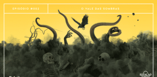 Fundo dividido, com parte superior em amarelo alaranjado e inferior em verde oliva escuro. A parte verde parece uma grande nuvem de fumaça escura, da qual vários elementos estão saindo. Há tentáculos, esqueletos, galhos e raízes secas, um escorpião e um corvo.