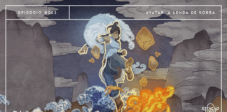 Ilustração que mistura os estilos mangá/anime com manuscritos japoneses antigos. Em destaque, Korra em posição de luta. A personagem manipula os elementos Fogo, Água, Terra e Ar ao seu redor. A arte traz filtros de papel amassado e os elementos são sobrepostos em camadas, dando a sensação de profundidade.