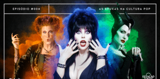 Fundo de cimento escuro. Em destaque, personagem Elvira (do filme “Elvira: A Rainha das Trevas”), ao centro, envolta de fumaças na tonalidade azul. No lado direito, há Malévola (de “Malévola”), envolta em fumaças verdes. No esquerdo, Winifred Sanderson (de “Abracadabra”), com fumaças laranja.