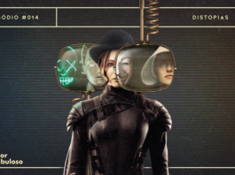Fundo escuro com textura leve de estática de TV. Em destaque, Katniss Everdeen usando um chapéu coco preto e cílios postiços na parte inferior dos olhos. A personagem aparece com monitores antigos de televisão sobrepostos e subpostos ao rosto. Numa tela, vê-se a máscara de “V de Vingança” e a face de June de “The Handmaid's Tale”, na outra, a máscara neon de “Uma Noite de Crime” e a face da robô Maschinenmensch de “Metrópolis”. A imagem possui margem linear bege. Na parte superior, na mesma cor, há o letreiro “Episódio #014 - Distopias”. Na inferior esquerda, há o logo do portal “Leitor Cabuloso” (livro com punho saindo) e, na direita, o logo do podcast “Estação 21”.