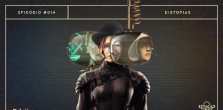 Fundo escuro com textura leve de estática de TV. Em destaque, Katniss Everdeen usando um chapéu coco preto e cílios postiços na parte inferior dos olhos. A personagem aparece com monitores antigos de televisão sobrepostos e subpostos ao rosto. Numa tela, vê-se a máscara de “V de Vingança” e a face de June de “The Handmaid's Tale”, na outra, a máscara neon de “Uma Noite de Crime” e a face da robô Maschinenmensch de “Metrópolis”. A imagem possui margem linear bege. Na parte superior, na mesma cor, há o letreiro “Episódio #014 - Distopias”. Na inferior esquerda, há o logo do portal “Leitor Cabuloso” (livro com punho saindo) e, na direita, o logo do podcast “Estação 21”.