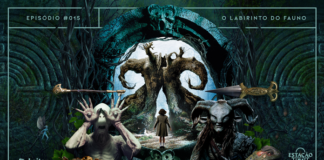 Fundo de pedra suja de musgo, com labirintos circulares em baixo-relevo em ambos os lados. Em destaque, círculo de pedra com inscrições rúnicas e rostos rudimentares de gárgulas, envolto em galhos e eras. No centro do círculo é possível ver uma árvore com formato de chifres, para a qual uma menina está olhando. À frente, de um lado, há o Fauno, um sapo, insetos e uma adaga; do outro, há o monstro Homem Pálido, frutas, uma chave e uma fada. A imagem possui margem linear cinza claro esverdeado. Na parte superior, na mesma cor, há o letreiro “Episódio #015 - O Labirinto do Fauno”. Na inferior esquerda, há o logo do portal “Leitor Cabuloso” (livro com punho saindo) e, na direita, o logo do podcast “Estação 21”.