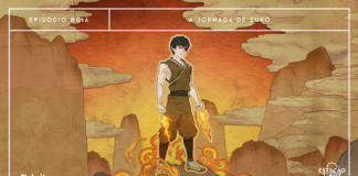 Ilustração que mistura os estilos mangá/anime com manuscritos japoneses antigos. Em destaque, Zuko em posição de luta, com punhos cerrados. O personagem manipula o elemento Fogo, que aparece ao seu redor. A arte traz filtros de papel amassado e os elementos são sobrepostos em camadas, dando a sensação de profundidade. A imagem possui margem linear branca. Na parte superior, na mesma cor, há o letreiro “Episódio #016 - A Jornada de Zuko”. Na inferior esquerda, há o logo do portal “Leitor Cabuloso” (livro com punho saindo) e, na direita, o logo do podcast “Estação 21”.