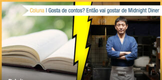Montagem, à esquerda uma imagem de um livro aberto sobre uma mesa e um fundo esverdeado desfocado. E uma imagem de um homem com traços japoneses, atrás de um balcão tipicamente japonês, ele usa uma roupa azul e um avental branco na cintura. Com olhar sério para frente e braços cruzados. No centro um raio amarelo dividindo a vitrine. Quase no topo à direita, uma faixa branca com o texto: Coluna - Gosta de contos? Então vai gostar de Midnight Diner. Na base o logo do Leitor Cabuloso, e uma borda amarela em volta da vitrine