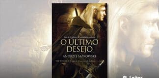 Capa do livro. Geralt de Rívia, homem branco com cabelos brancos, está de perfil, utilizando uma armadura e capa no estilo de fantasia medieval, com a mão em uma espada em sua cintura, e outra pendurada nas costas, podendo perceber apenas o cabo desta. Em primeiro plano, o texto: "Mais de 1 milhão e meio de exemplares vendidos". Logo abaixo, o título do livro, o nome do autor, e o texto: "A saga do bruxo Geralt de Rivia - Livro 1"