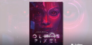 Capa do livro com estética tecnológica, em tons roxo e vermelho. Um reflexo de um rosto feminino. Imagem tecnológica de uma mira ao redor de um dos olhos do rosto. Na base, o titulo do livro em fonte estilizada, branca e roxa.