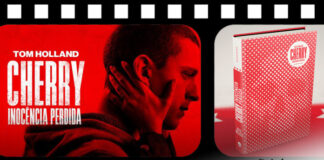 Montagem com uma pelicula de filme na horizontal, mostrando dois frames, o da esquerda mostra o poster do filme, com iluminação vermelha, Tom Holland de perfil com uma mão feminina na lateral do rosto, ao lado do título do filme. No frame da direita está uma imagem do livro.