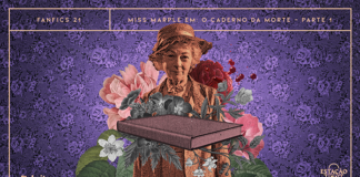 Fundo de papel de parede floral, em tons de preto, roxo e lilás. Em destaque, composição com uma senhora idosa de chapéu e roupas de época e ilustrações de flores. À frente, há um livro em tons de preto e rosa, envolto por ilustrações de flores em preto e branco. A imagens possuem um aspecto tracejado que remete a impressões de dinheiro e/ou selos de postagens antigos. A imagem possui margem linear salmão. Na parte superior, na mesma cor, há o letreiro “Fanfics 21 - Miss Marple em O Caderno da Morte - Parte 1”. Na inferior esquerda, há o logo do portal “Leitor Cabuloso” (livro com punho saindo) e, na direita, o logo do podcast “Estação 21”.