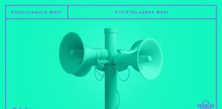 Fundo verde-flúor com imagem de poste com quadro megafones em destaque, também em verde. Na parte superior, temos o número do episódio, Conciliábulo 001, e o título “E-pistolagens #001”, e na parte inferior temos o logo do podcast.