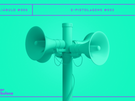 Fundo verde-flúor com imagem de poste com quadro megafones em destaque, também em verde. Na parte superior, temos o número do episódio, Conciliábulo 005, e o título “E-pistolagens #003”, e na parte inferior temos o logo do podcast.