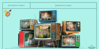 Fundo verde claro, com TVs antigas empilhadas. Passando em suas telas, há cenas de “Mulan”, “Aladdin”, “Genie a Gênia”, “O Clone”, “Homem de Ferro 3”, “Bonequinha de Luxo” e do clipe “Ralando O Tchan (Dança Do Ventre)” do É o Tchan!. A imagem possui margem linear verde escura. Na parte superior, na mesma cor, há o letreiro “Episódio #019 - Orientalismo”. Na inferior esquerda, há o logo do portal “Leitor Cabuloso” (livro com punho saindo) e do projeto #OPodcastÉDelas (punho feminino segurando microfone) e, na direita, o logo do podcast “Estação 21”.