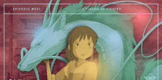 Fundo em bordô e rosa com a imagem de um templo/casa de banho japonês. Em destaque, ilustração de menina com dragão (Chihiro e Haku), em cores verde, azul, marrom e ocre. A composição possui a textura de papel e detalhes em spray de tinta, com as mesmos cores da paleta. A imagem possui margem linear azul clara. Na parte superior, na mesma cor, há o letreiro “Episódio #021 - A Viagem de Chihiro”. Na inferior esquerda, há o logo do portal “Leitor Cabuloso” (livro com punho saindo) e, na direita, o logo do podcast “Estação 21”.